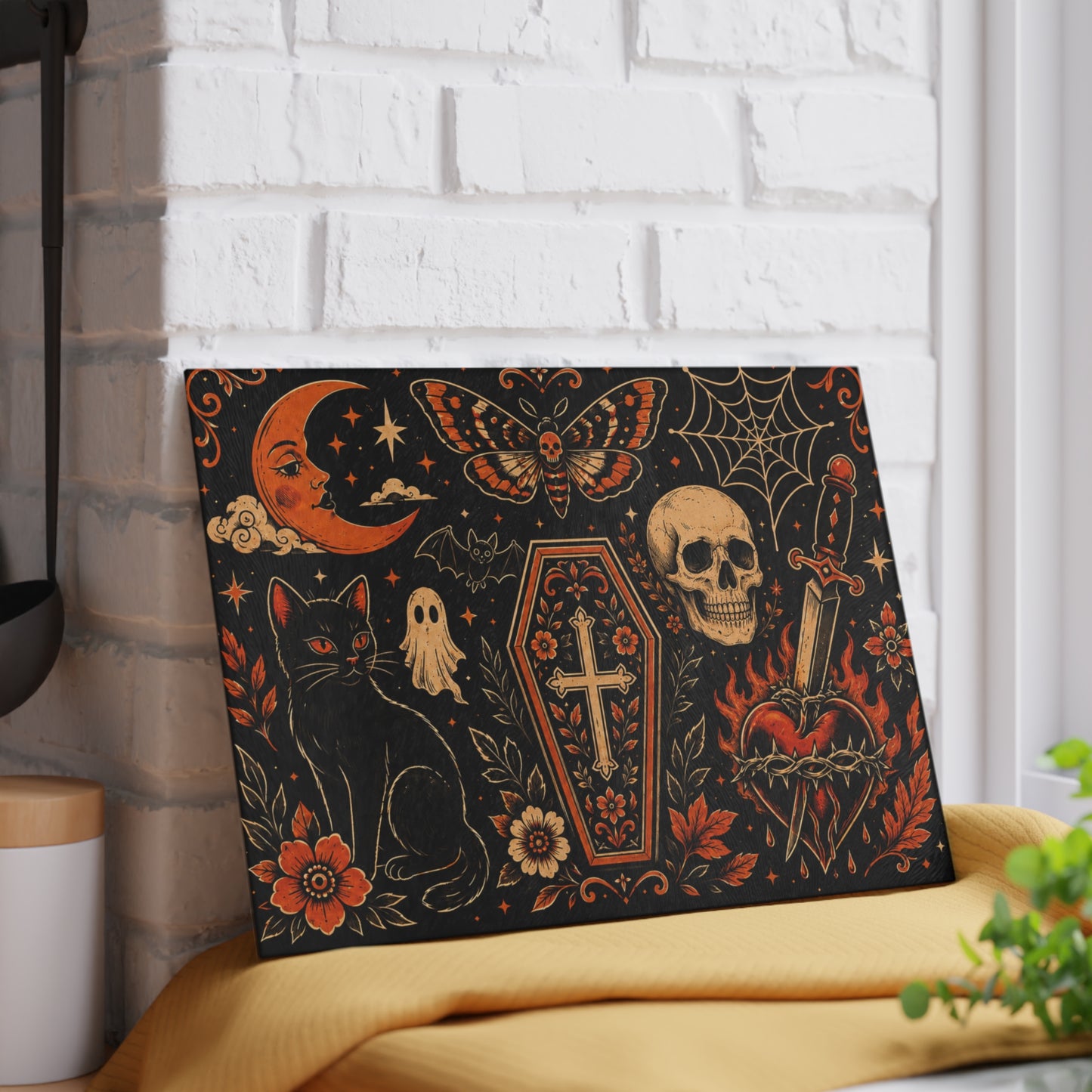 Gothic Occult Glass Cutting Board — Skull, Coffin & Black Cat Kitchen Décor