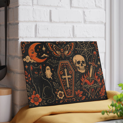 Gothic Occult Glass Cutting Board — Skull, Coffin & Black Cat Kitchen Décor