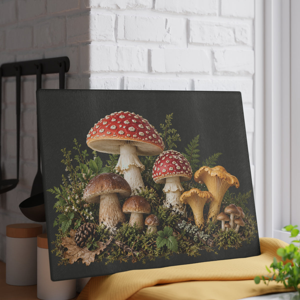 Mushroom Forest Glass Cutting Board – Rustic Kitchen Decor