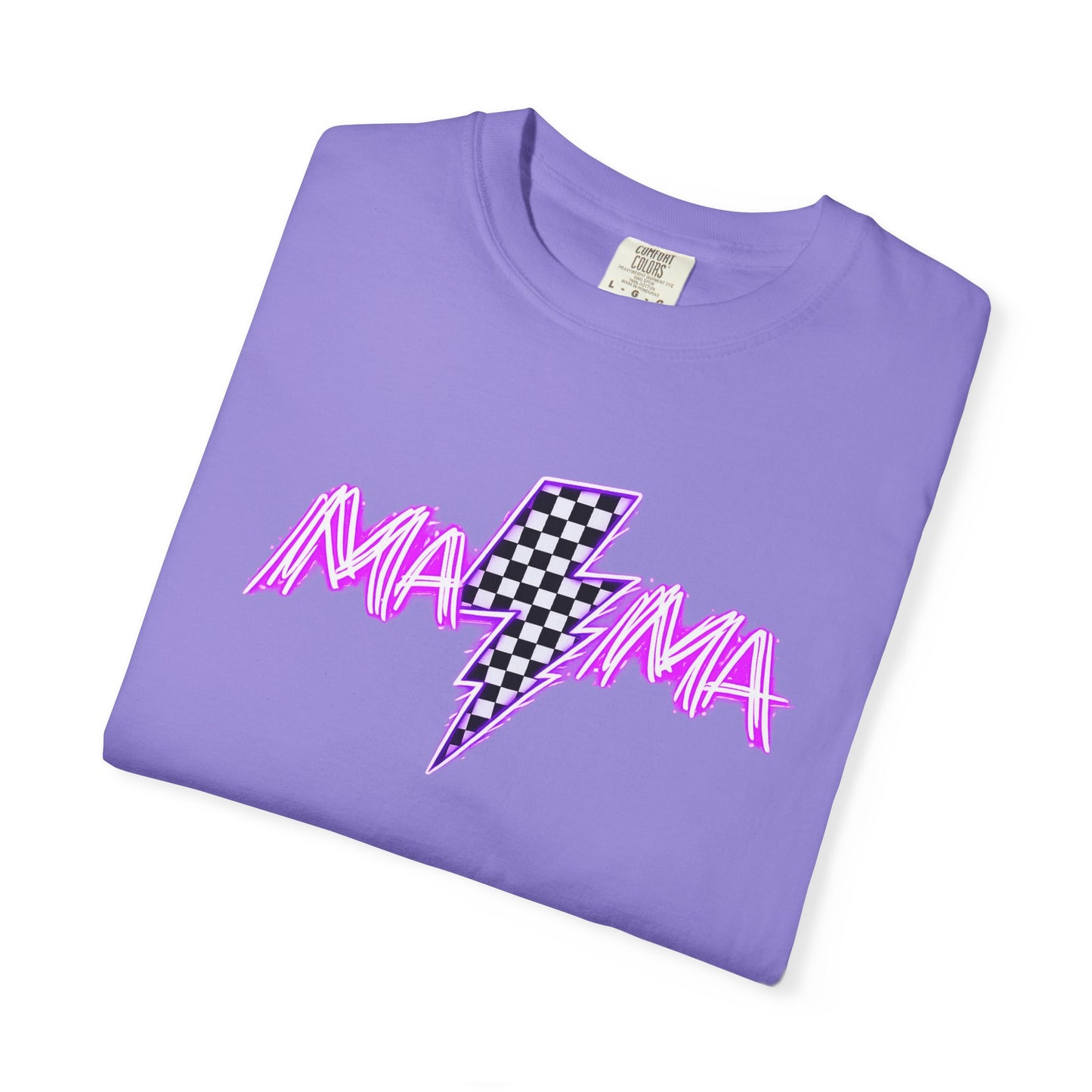 Mama Lightning Bolt T-Shirt — Retro Pink Script Checkerboard Bolt