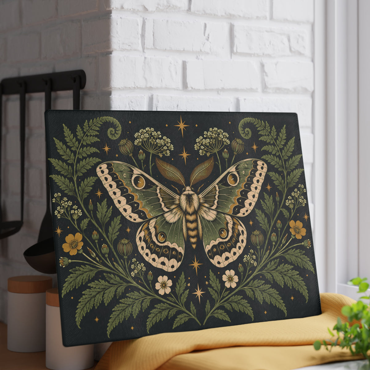 Glass Cutting Board — Vintage Moth & Fern Botanical Design