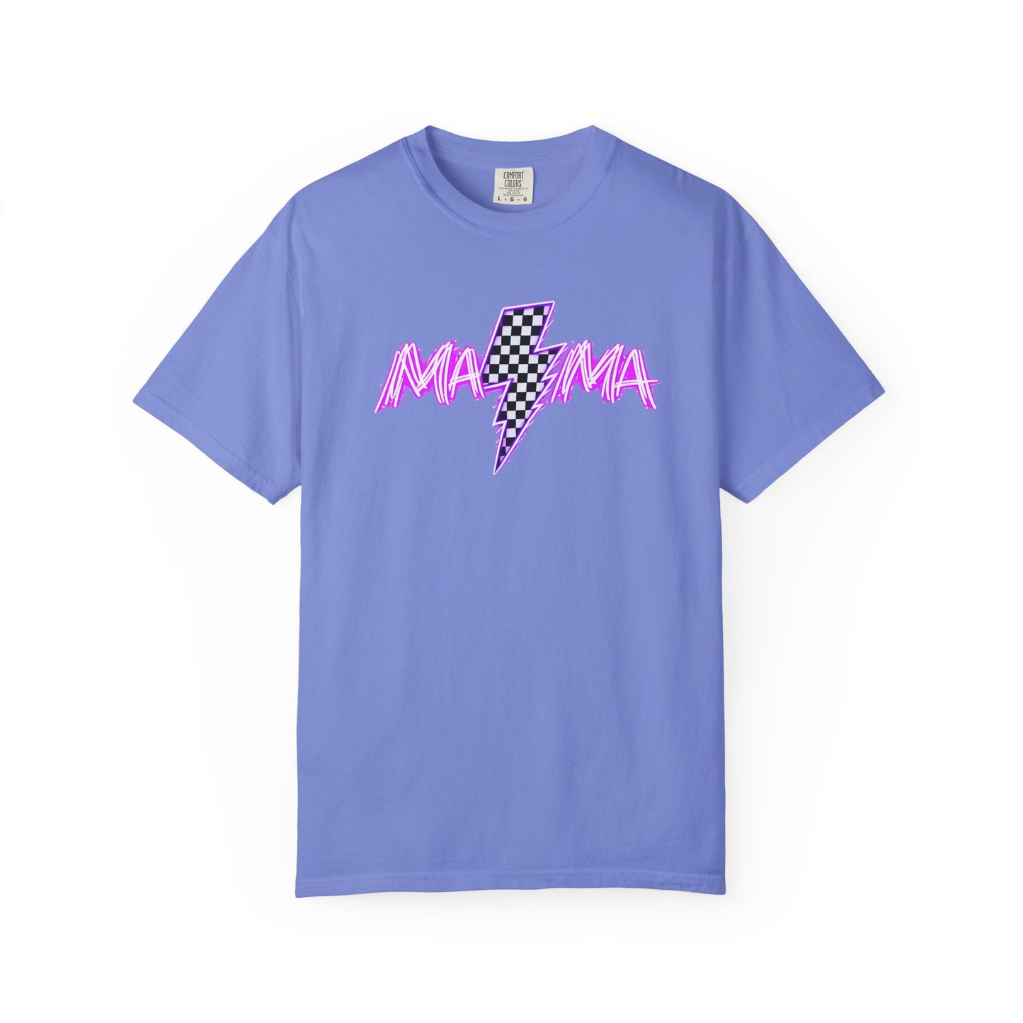 Mama Lightning Bolt T-Shirt — Retro Pink Script Checkerboard Bolt