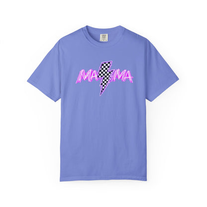 Mama Lightning Bolt T-Shirt — Retro Pink Script Checkerboard Bolt