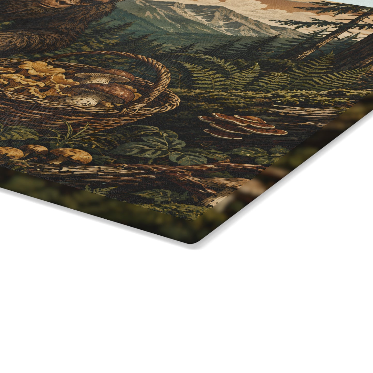 Bigfoot Mushroom Foraging Glass Cutting Board — Rustic Forest Kitchen Decor