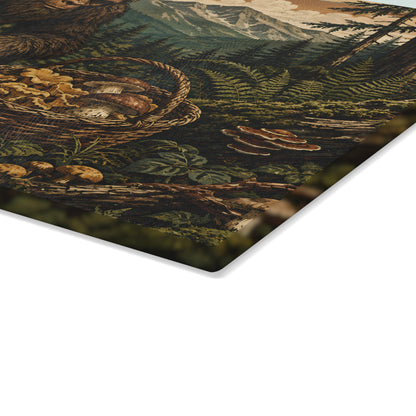 Bigfoot Mushroom Foraging Glass Cutting Board — Rustic Forest Kitchen Decor