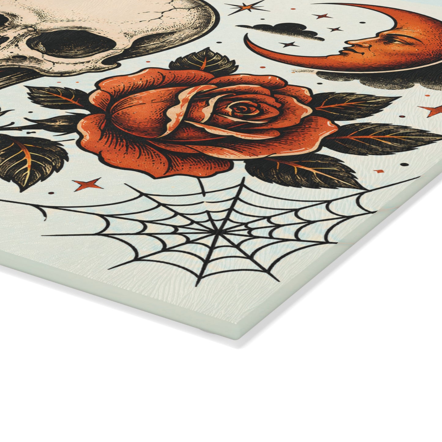 Skull & Roses Glass Cutting Board — Gothic Moon Kitchen Decor