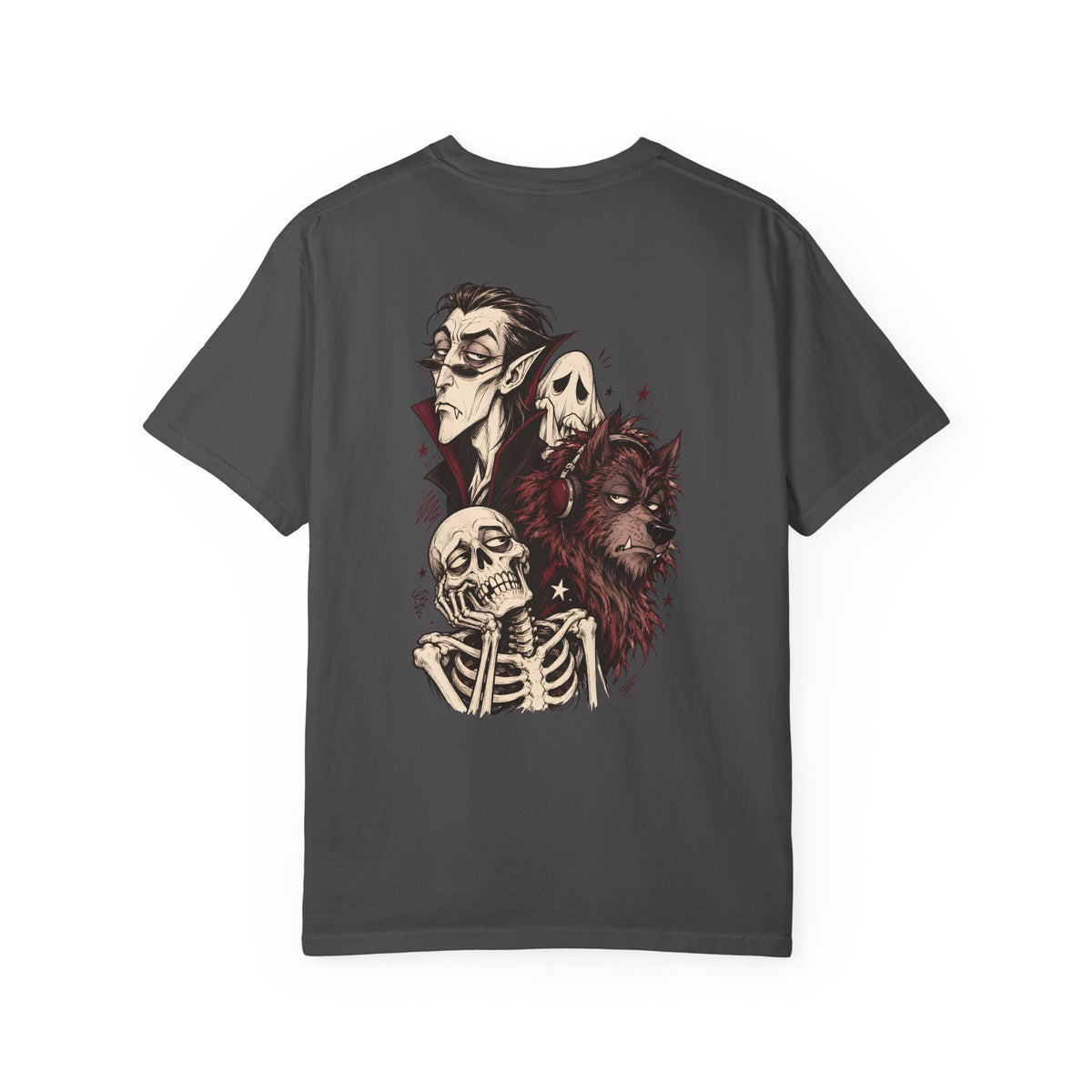 Vampire, Skeleton & Wolf Horror Characters T-Shirt | Spooky Gothic Illustration