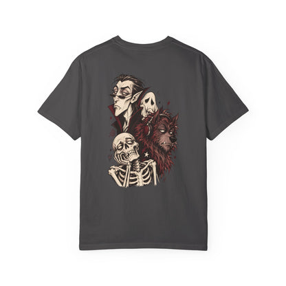 Vampire, Skeleton & Wolf Horror Characters T-Shirt | Spooky Gothic Illustration