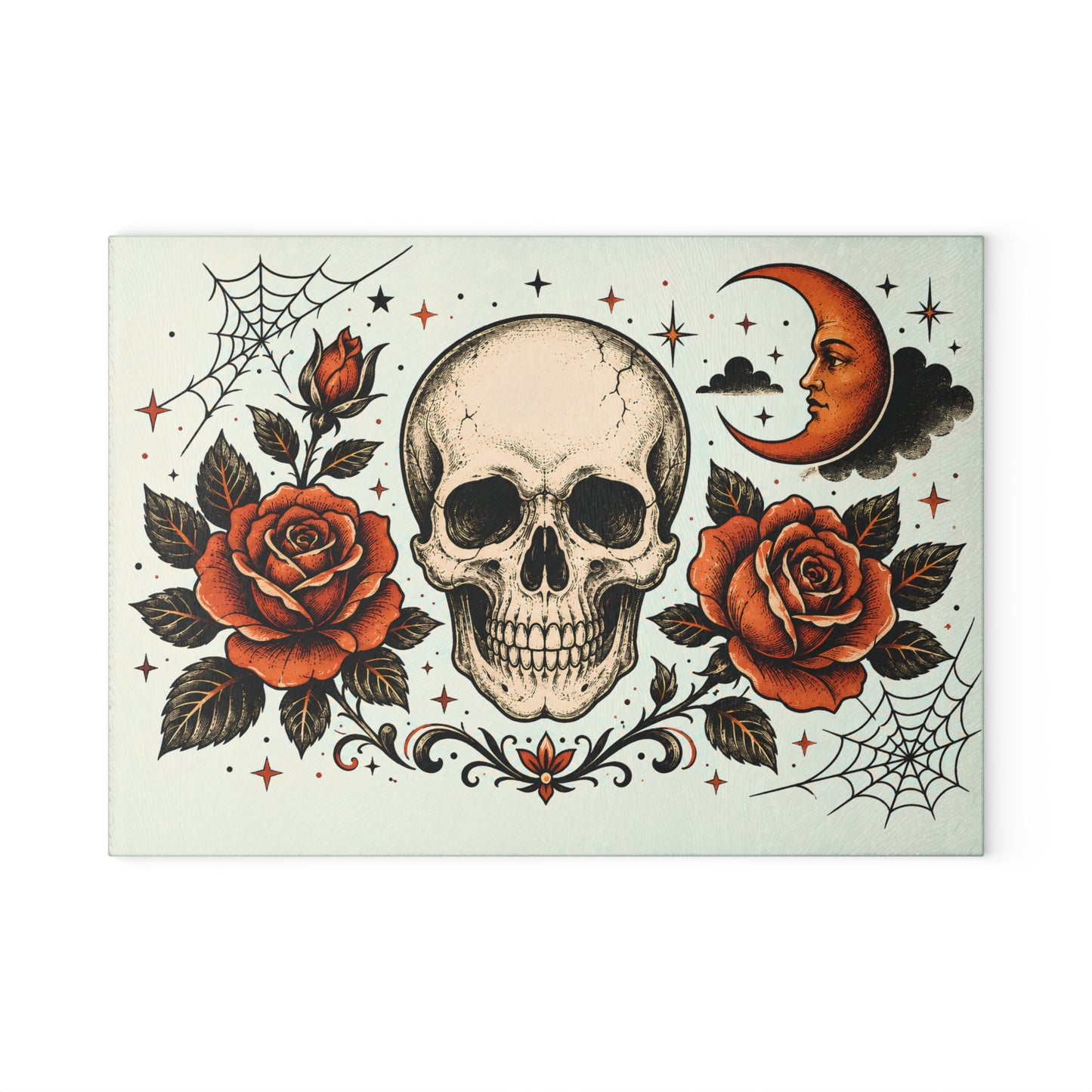 Skull & Roses Glass Cutting Board — Gothic Moon Kitchen Decor