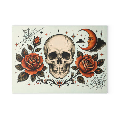 Skull & Roses Glass Cutting Board — Gothic Moon Kitchen Decor