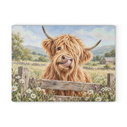 Glass Cutting Board - Cute Highland Cow Kitchen Glass Chopping Board, Whimsical Farmhouse Decor Gift