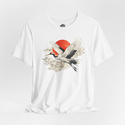 Red-Crowned Crane Rising Sun T-Shirt | Japanese Crane Illustration