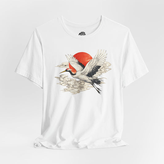Red-Crowned Crane Rising Sun T-Shirt | Japanese Crane Illustration