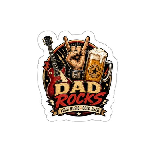 Dad Rocks Guitar Sticker | Rock Hand Sign, Beer, Loud Music