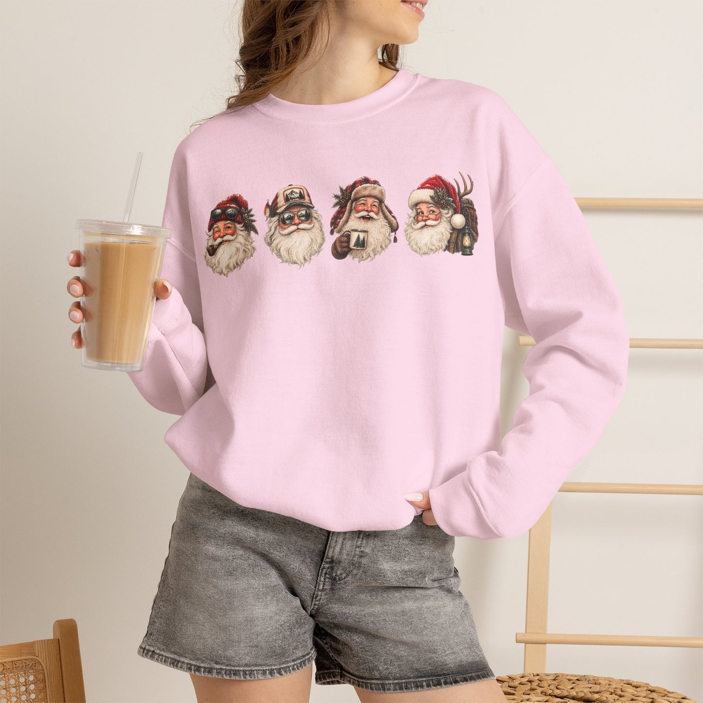 Santa Heads Crewneck Sweatshirt — Vintage Santa Faces Christmas Pullover