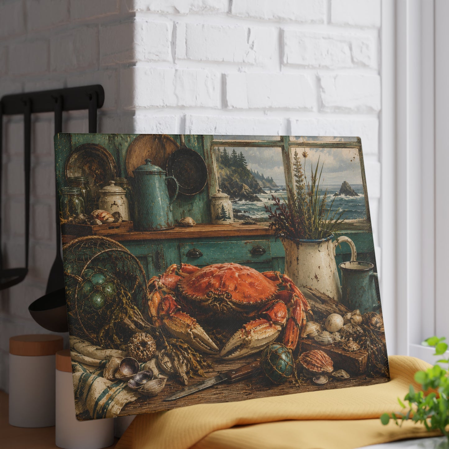 Coastal Crab Kitchen Glass Cutting Board – Nautical Seafood Coastal Décor
