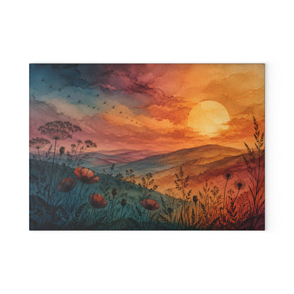 Sunset Wildflower Field Glass Cutting Board | Scenic Landscape Kitchen Decor