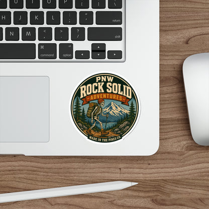 PNW Rock Solid Adventures Hiking Skeleton Sticker | Mountain Badge Die-Cut