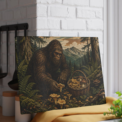 Bigfoot Mushroom Foraging Glass Cutting Board — Rustic Forest Kitchen Decor