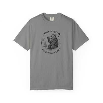 Whiskey Goes In Wisdom Comes Out Bear Illustration T-Shirt | Drinking Humor