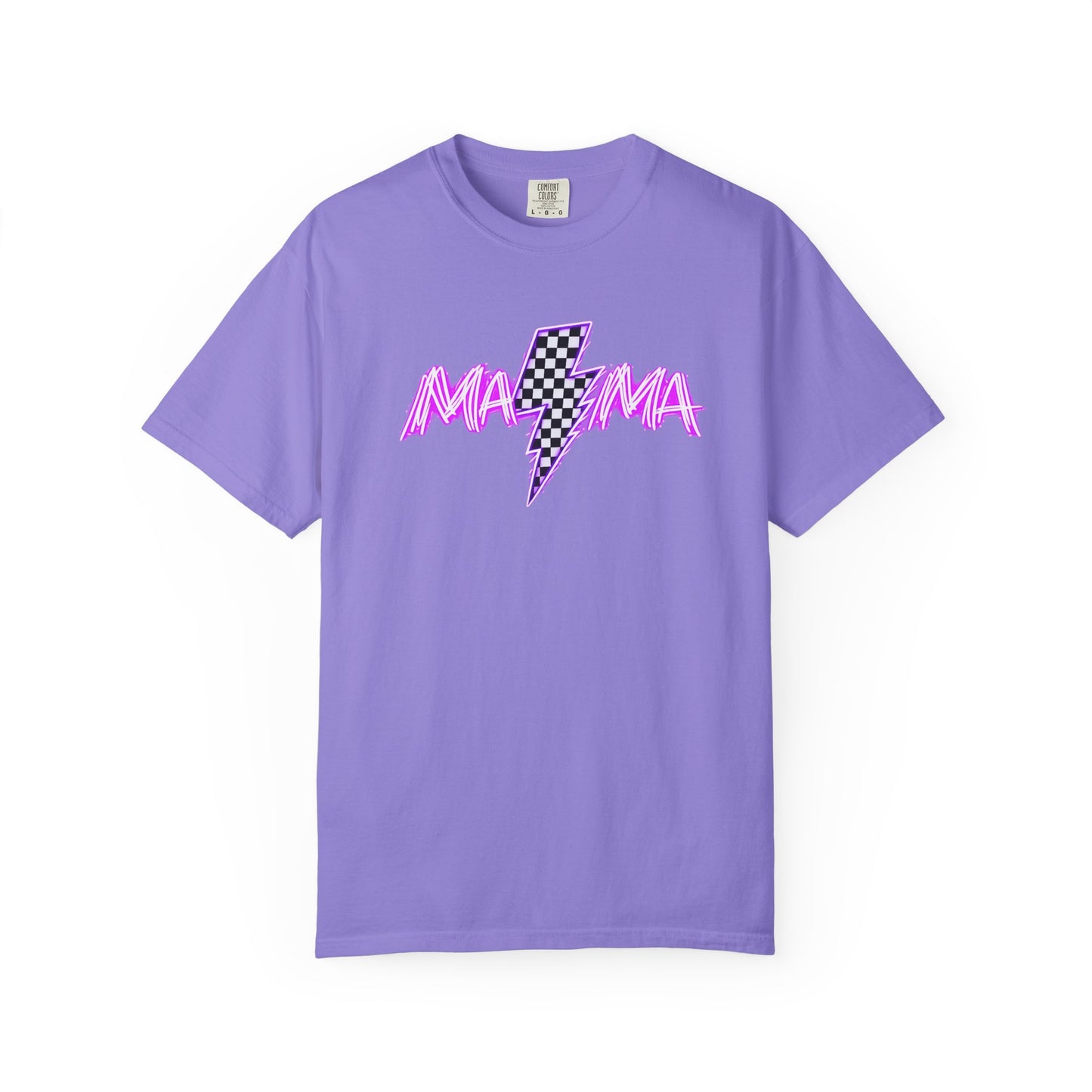 Mama Lightning Bolt T-Shirt — Retro Pink Script Checkerboard Bolt