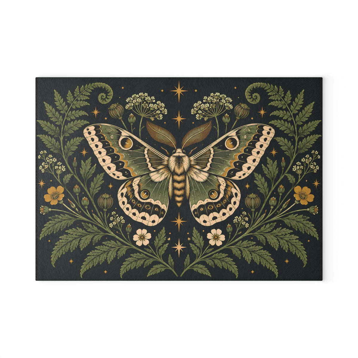 Glass Cutting Board — Vintage Moth & Fern Botanical Design