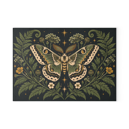 Glass Cutting Board — Vintage Moth & Fern Botanical Design