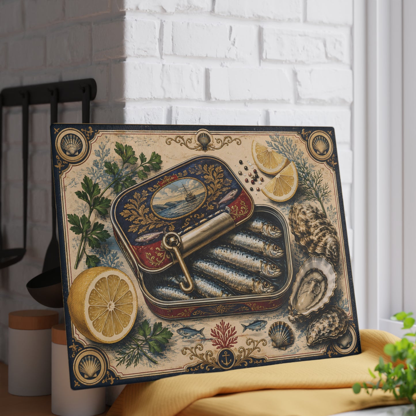 Vintage Sardine Tin Illustration Glass Cutting Board | Seafood Kitchen Art