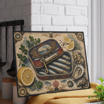 Vintage Sardine Tin Illustration Glass Cutting Board | Seafood Kitchen Art
