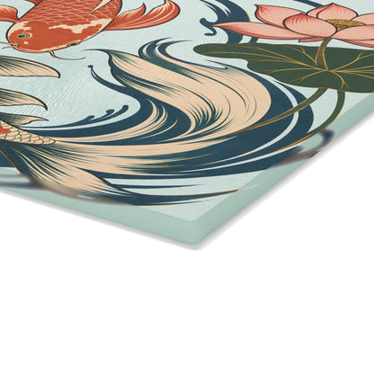 Koi Fish Lotus Glass Cutting Board | Japanese Pond Artwork