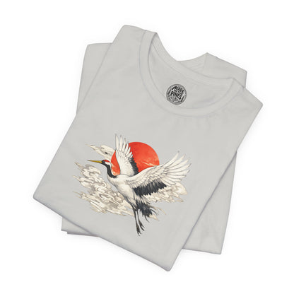 Red-Crowned Crane Rising Sun T-Shirt | Japanese Crane Illustration