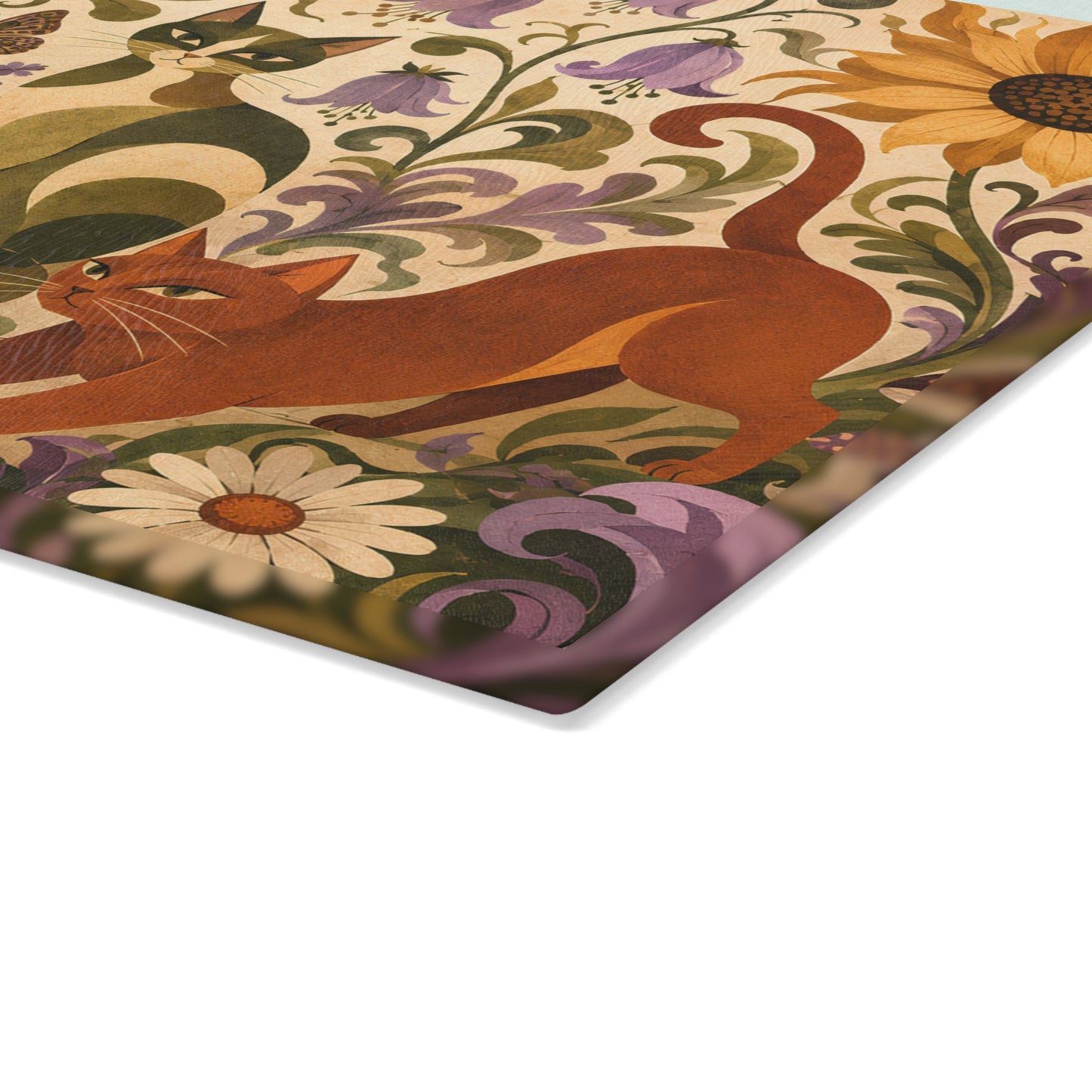 Glass Cutting Board — Vintage Floral Cats Kitchen Cutting Board
