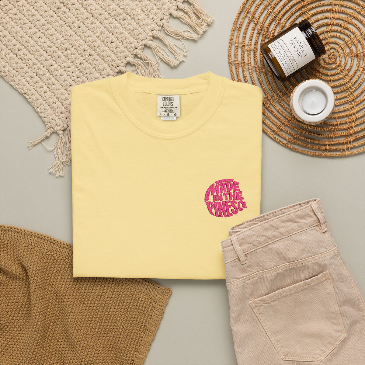Made in the Pines Co. Embroidered Comfort Colors 1717 T-Shirt | Hot Pink Retro Logo Tee | Garment-Dyed Unisex Shirt