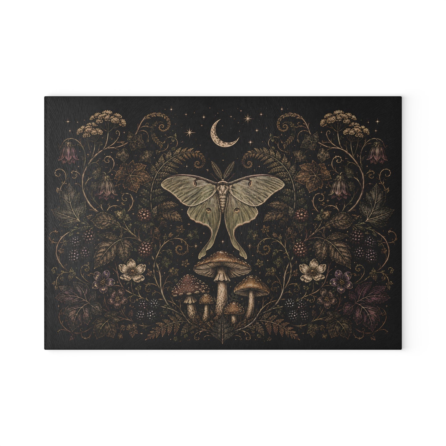 Mystic Moth & Moon Glass Cutting Board — Botanical Night Kitchen Decor