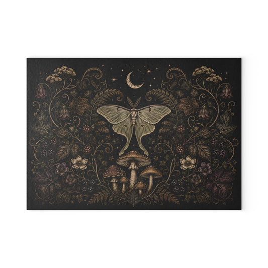 Mystic Moth & Moon Glass Cutting Board — Botanical Night Kitchen Decor