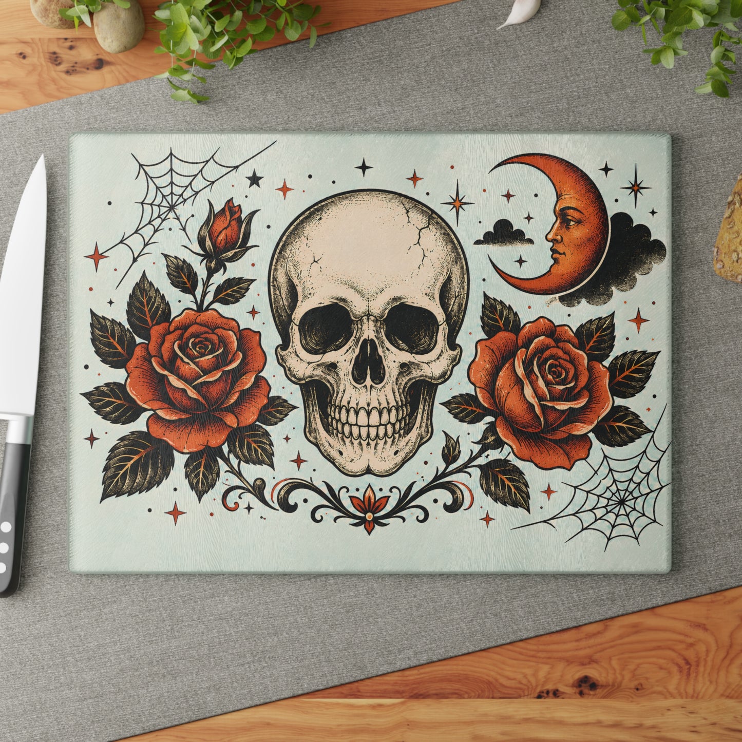 Skull & Roses Glass Cutting Board — Gothic Moon Kitchen Decor