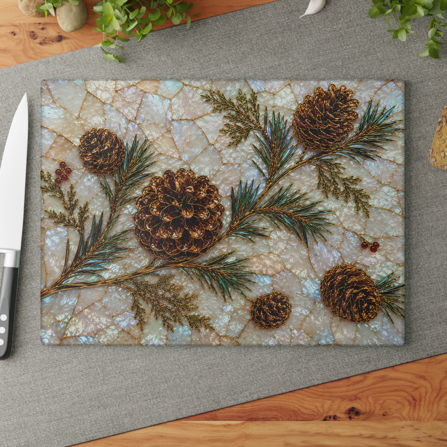 Pinecones and Evergreens Glass Cutting Board | Rustic Holiday Kitchen Decor