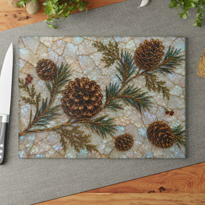 Pinecones and Evergreens Glass Cutting Board | Rustic Holiday Kitchen Decor