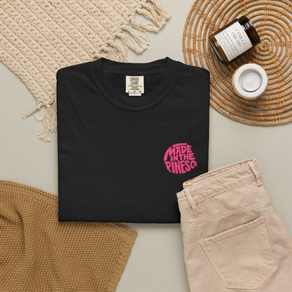 Made in the Pines Co. Embroidered Comfort Colors 1717 T-Shirt | Hot Pink Retro Logo Tee | Garment-Dyed Unisex Shirt