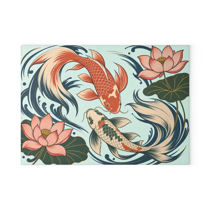 Koi Fish Lotus Glass Cutting Board | Japanese Pond Artwork
