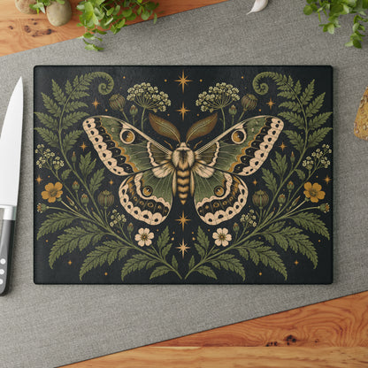 Glass Cutting Board — Vintage Moth & Fern Botanical Design