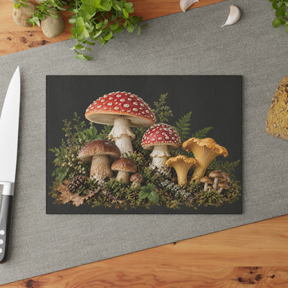 Mushroom Forest Glass Cutting Board – Rustic Kitchen Decor