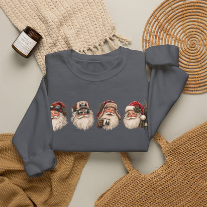 Santa Heads Crewneck Sweatshirt — Vintage Santa Faces Christmas Pullover