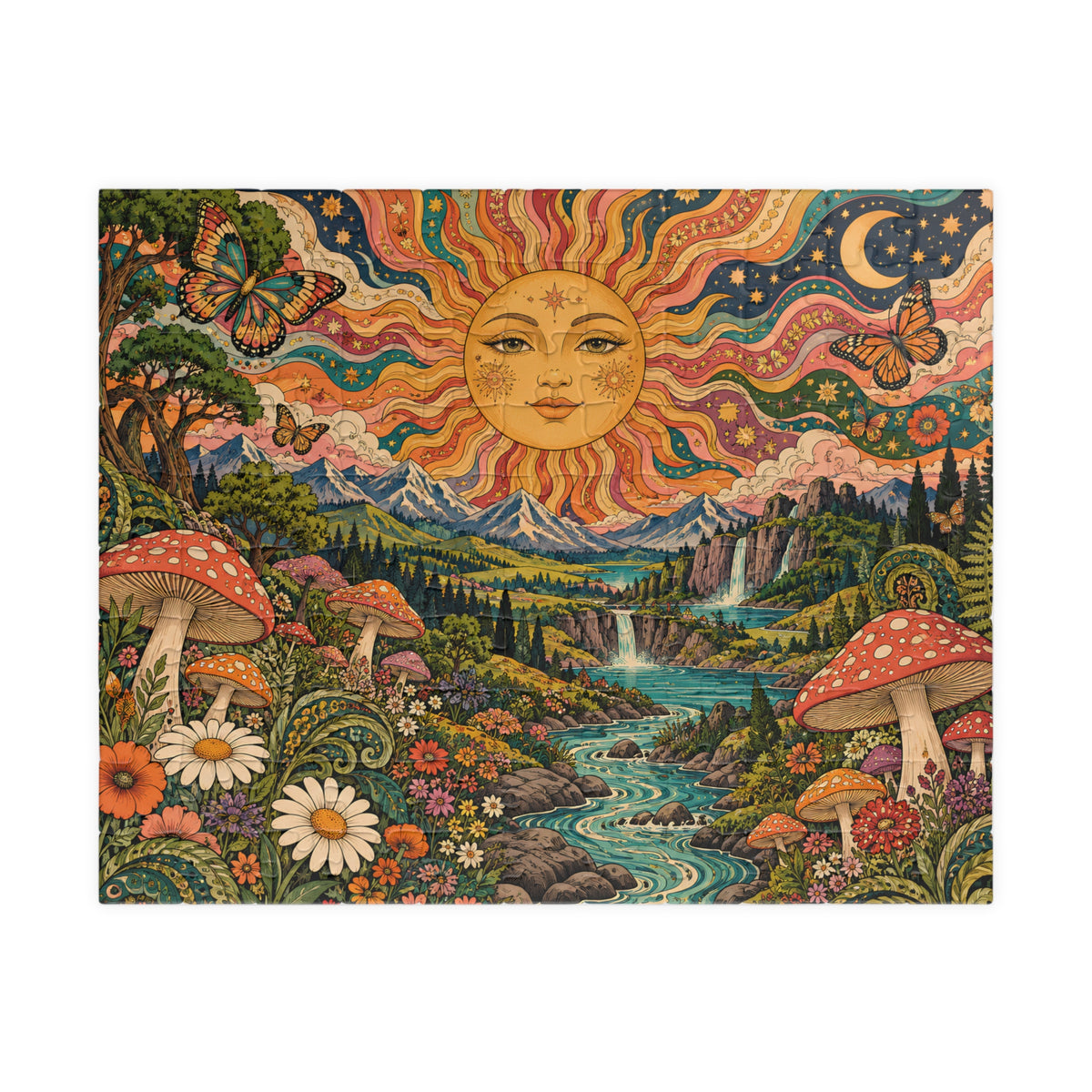 Psychedelic Sun Jigsaw Puzzle, Hippie Mushroom Art, Groovy Mountain Landscape, Boho Nature Puzzle, Gift for Puzzle Lovers