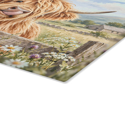 Glass Cutting Board - Cute Highland Cow Kitchen Glass Chopping Board, Whimsical Farmhouse Decor Gift