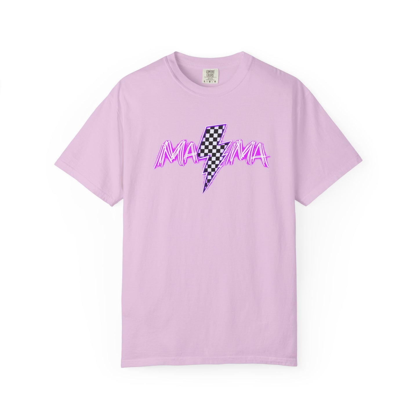 Mama Lightning Bolt T-Shirt — Retro Pink Script Checkerboard Bolt