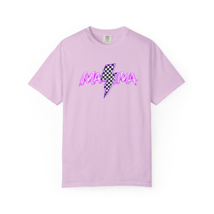 Mama Lightning Bolt T-Shirt — Retro Pink Script Checkerboard Bolt