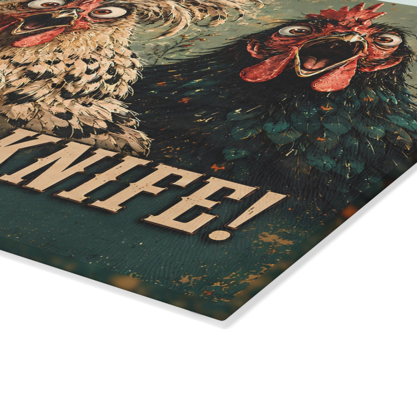 Glass Cutting Board — Funny Rooster Kitchen Decor “She’s Got The Knife!”