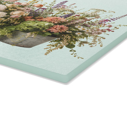 Vintage Floral Bouquet Glass Cutting Board | Wildflower Arrangement, Pastel Flowers