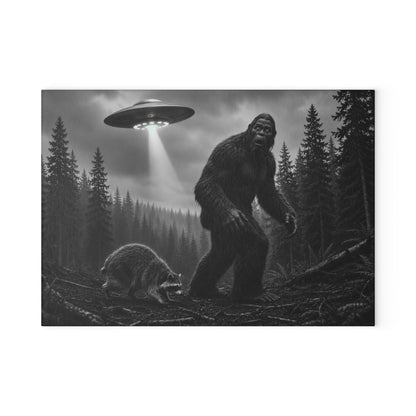 Bigfoot and UFO Forest Scene Glass Cutting Board | Sasquatch Alien Art